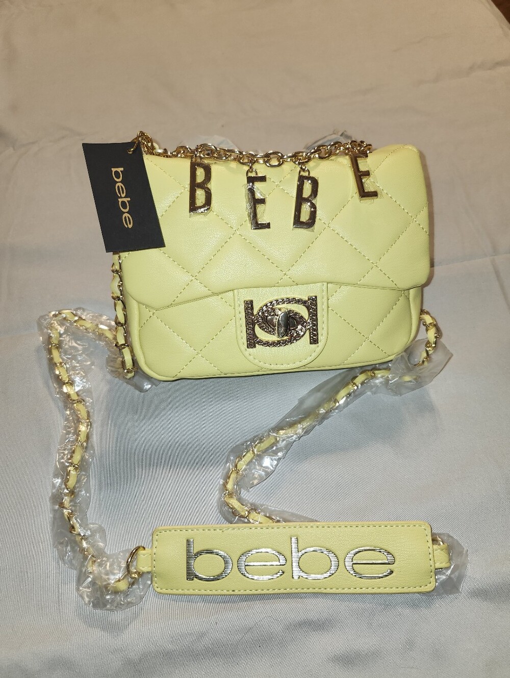 NWT BEBE Wyatt V-Flap Shoulder Bag In Lemon Yellow With Gold Hardware